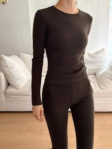 DAZY Conjunto de ropa de estar en casa de punto de unicolor y ajustado para mujer, ropa de invierno y otoño, pijama