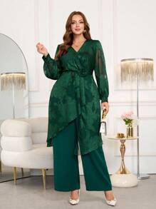 Ellevyn Bộ 2 món đồ tay dài bằng vải chiffon cỡ lớn, trang phục thu đông cho nữ, trang phục mùa đông cho nữ, trang phục buổi tối hẹn hò, trang phục đi chơi buổi tối cho nữ, trang phục buổi tối hẹn hò - Màu xanh lá cây đậm - Xem 9