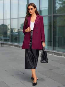 SHEIN Clasi Abrigo cruzado de doble botonadura con cuello de solapa, adecuado para el uso diario - Rojo violeta - Ver 5