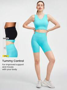 GLOWMODE 無縫動力加強V領交叉胸衣和條紋短褲套裝，中等強度運動跑步 - 藍色 - 查看 4