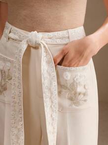 Anewsta 新款春秋设计优雅水溶花腰带口袋刺绣阔腿女裤 - 杏色 - 查看 1