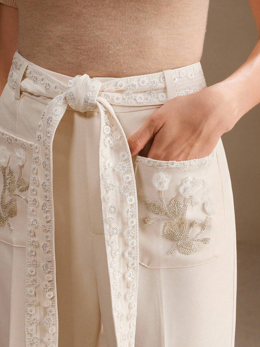 Anewsta 新款春秋设计优雅水溶花腰带口袋刺绣阔腿女裤 - 杏色 - 查看 1