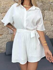 Manon Tanti Women's Fashionable Solid Color Mid-Sleeve Shirt Jumpsuit - White - View 4