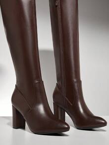 SHUZIA Stivali sopra il ginocchio da donna alla moda e comodi, in materiale elasticizzato con tacco a blocco - Marrone Cioccolato - Visualizzare 3