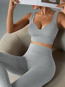 SHEIN Sports 女士纯色罗纹露脐上衣和紧身裤运动套装两件套健身套装两件套健身房套装两件套瑜伽套装女士运动套装 - 彩色 - 查看 7