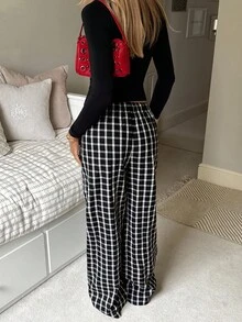 CovetEZ Women's Autumn And Winter Clothing Home Casual Plaid Brushed Black Casual Plaid Drawstring Waist Loose Pants - Black and White - View 4