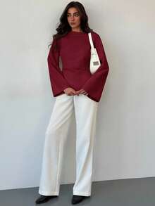 Aloruh Women's Boat Neck Flare Sleeve Cropped Ruched Office Blouse,Fall Tops,Elegant Women's Blouses - Burgundy - View 4