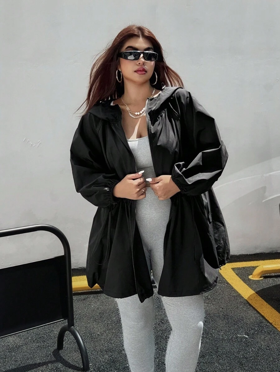 SHEIN EZwear Plus Size Casual Solid Color Drawstring Hooded Wind Jacket, Spring & Autumn - Black - View 1