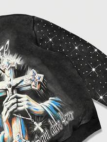 ROMWE MEN Goth Men's Letter & Cross Print Rhinestone Decor Drawstring Hoodie Sweatshirt , Fall