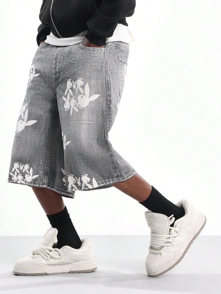 PLAYBOY X SUMWON Wide Leg Denim Jorts With Bunny Print