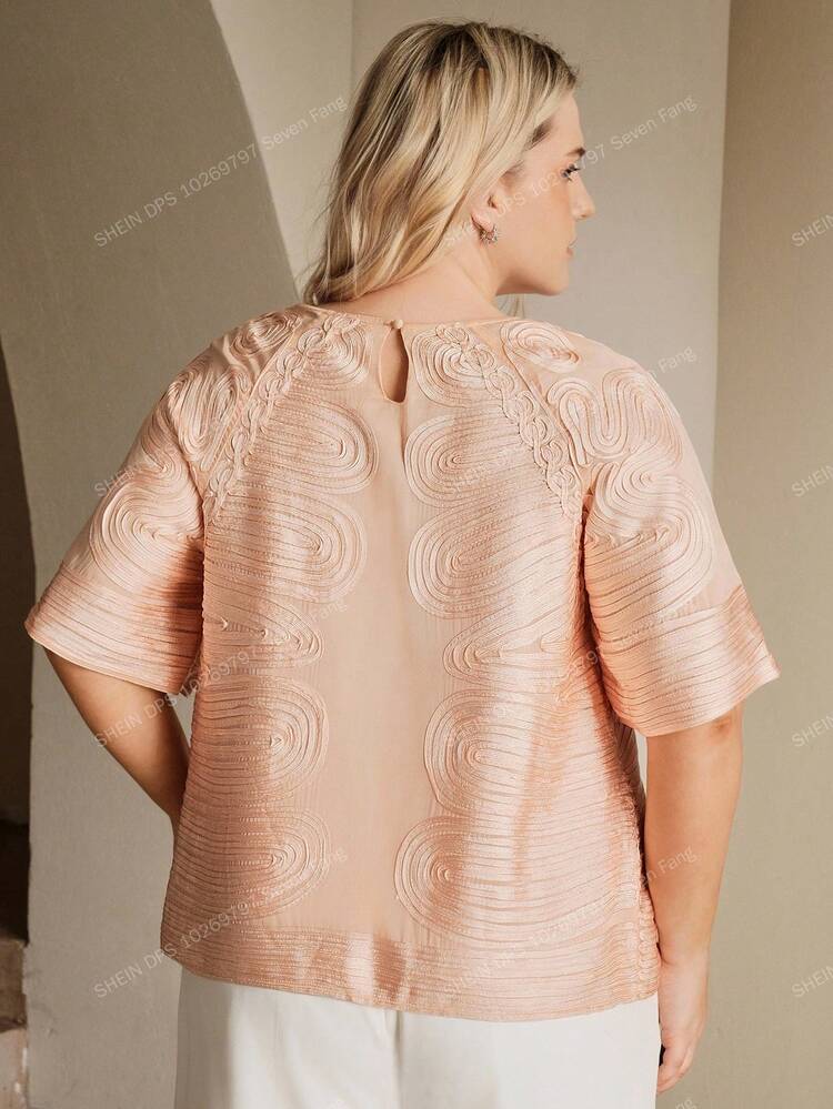 Plus Size New Tang Dynasty Style Embroidered Round Neck Short Sleeve Elegant Urban Top, Suitable For Summer, Casual, Holiday, Beach, Elegant, Party
