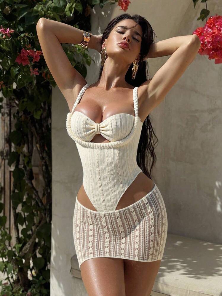 Swim SXY Bộ 2 món đồ ren vải trơn màu dây thừng gợi cảm áo crop top hở lưng và chân váy mini cạp cao - Màu be - Xem 2