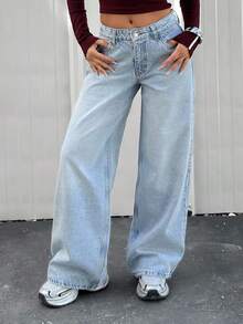 EURMUSE 休闲洗水低腰宽松直筒牛仔裤 - 中等水洗藍 - 查看 3