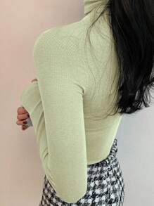 DAZY 女式休闲百搭高领紧身打底 T 恤，秋冬长袖上衣 - 綠色 - 查看 5
