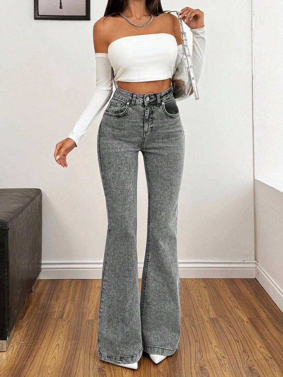 EURMUSE 98%Cotton Grey Slim Fit Flared Jeans Flare Jeans Women Wide Leg Jeans Flare Jeans Grey Flare Jeans Acid Wash Flare Jeans - Grey - View 1