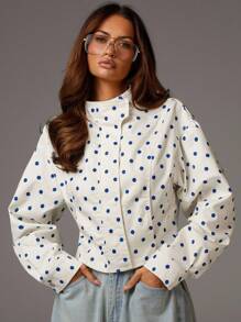 Athîral 女士休闲、度假及日常穿着薄夹克波尔卡圆点衬衫短款上衣学院风上衣70年代秋冬上衣 - 白色 - 查看 3