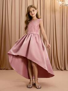 Tween Girls' Elegant Luxurious Pink Round Neck Midi Dress, Suitable For Party, Banquet, Evening, Wedding, Flower Girl, Prom, Holiday, Back To School, Graduation, Travel, Christmas, Halloween And Other Occasions - Pink - View 3