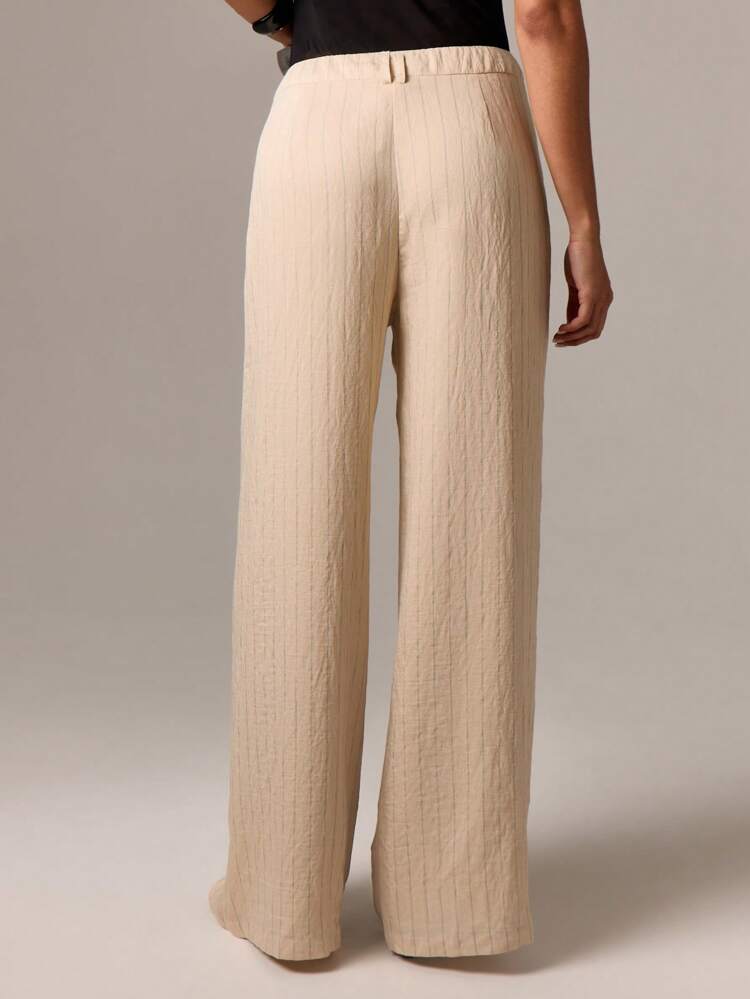 Pleated Wide Leg Linen Trousers With Pin Stripes