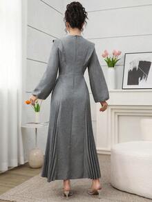 SHEIN Najma Vestido elegante de mujer con cuello redondo, bajo con volantes, mangas farol, cintura plisada y ajuste ceñido - Gris - Ver 6