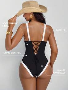 Shapewave 女式深 V 领黑白撞色拼接露背抽绳连体泳衣，修身收腹 - 黑與白 - 查看 2