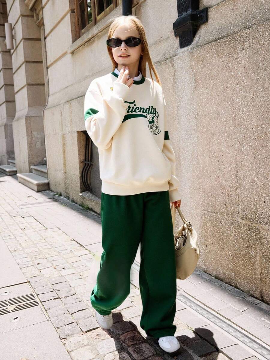 SHEIN 2pcs/Set Girls Casual Loose Drop Shoulder Sweatshirt And Wide Leg Pants, Autumn/Winter Fall