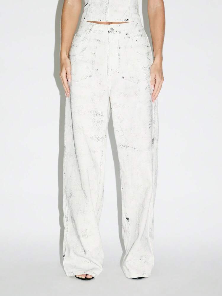 KIZN Wide Leg Cracked Paint Effect Denim Jeans With Baggy Fit