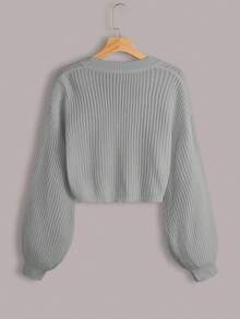 EURMUSE White Lantern Sleeve Button Front Rib Knit Cardigan - Light Grey - View 2