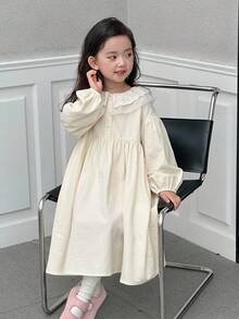 DAZY Kleine Mädchen Peter Pan Kragen Spitze Patchwork Midi Süßes Lässig Kleid Herbst,Winter - Aprikosenfarben - Übersicht 8