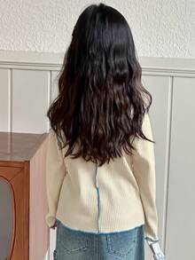 DAZY Young Girls Decorative Contrast Color Long Sleeve T-Shirt, Spring/Autumn - Beige - View 2
