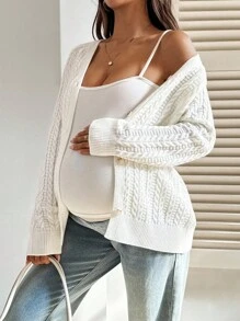 SHEIN Women's White Autumn Maternity Long Sleeve Cardigan,Smart Casual Solid Front Placket Twist Pattern Sweater For Baby Shower,Daily Fall Clothing - White - View 4