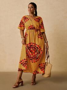 SHEIN VCAY Đầm dài tay lửng họa tiết hoa Boho cổ chữ V cỡ lớn, eo cao, phong cách du lịch thường ngày dành cho nữ, mùa thu - Màu vàng - Xem 7