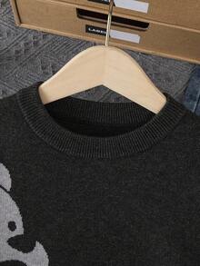 SHEIN 男童学院风卡通熊图案圆领长袖毛衣，适合秋冬季 - 灰色 - 查看 5