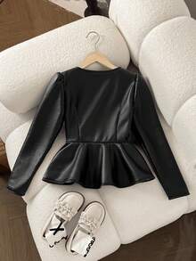 SHEIN Jaket Crop Super Nyaman untuk Anak Perempuan Remaja Musim Dingin, Elegan, Model Blok Warna, Bahan PU Fleece Tebal, Pinggang Berkerut, Hem Bergelombang, Resleting Depan Metalik, Warna Hitam - Hitam - View 3