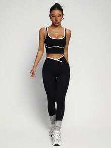 Breezaya Women's Yoga Colorblock Seamless Sports Set Workout Legging Two Piece Set Athletic Two Piece Set Fitness Outfit Two Piece Workout Set Active Two Piece Set Black Two Piece Athletic Setworkout Set - Black - View 7