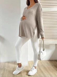 SHEIN 休闲宽松纯色舒适百搭长袖哺乳上衣 - 卡其色 - 查看 3