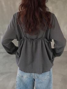 FRIFUL Women's Casual Solid Color 2 In 1 T-Shirt,Fall Women Clothes Cinched Waist Top Waffle Knit Top Dark Grey Top Ruched Top Drawstring Top Long Sleeve Top - Grey - View 3