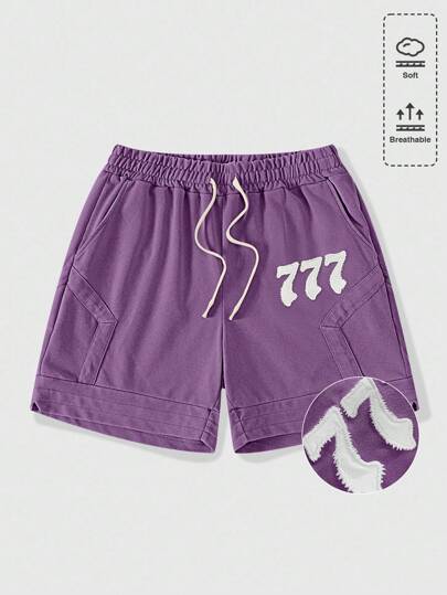 Street Life Pantalones cortos casuales para hombres con parche numérico, cordón en la cintura y bolsillos