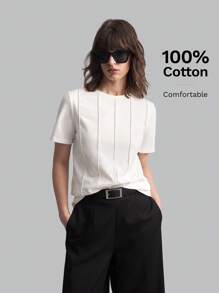 Ontre 2025 New Women's Summer Solid Color Toothpick Stripe Design Round Neck Short Sleeve Casual T-Shirt, Suitable For Spring/Summer Outings, Casual Urban, Minimalist Fashion, Urban Commute, Elegant Simplicity, Teacher's Day Outfit