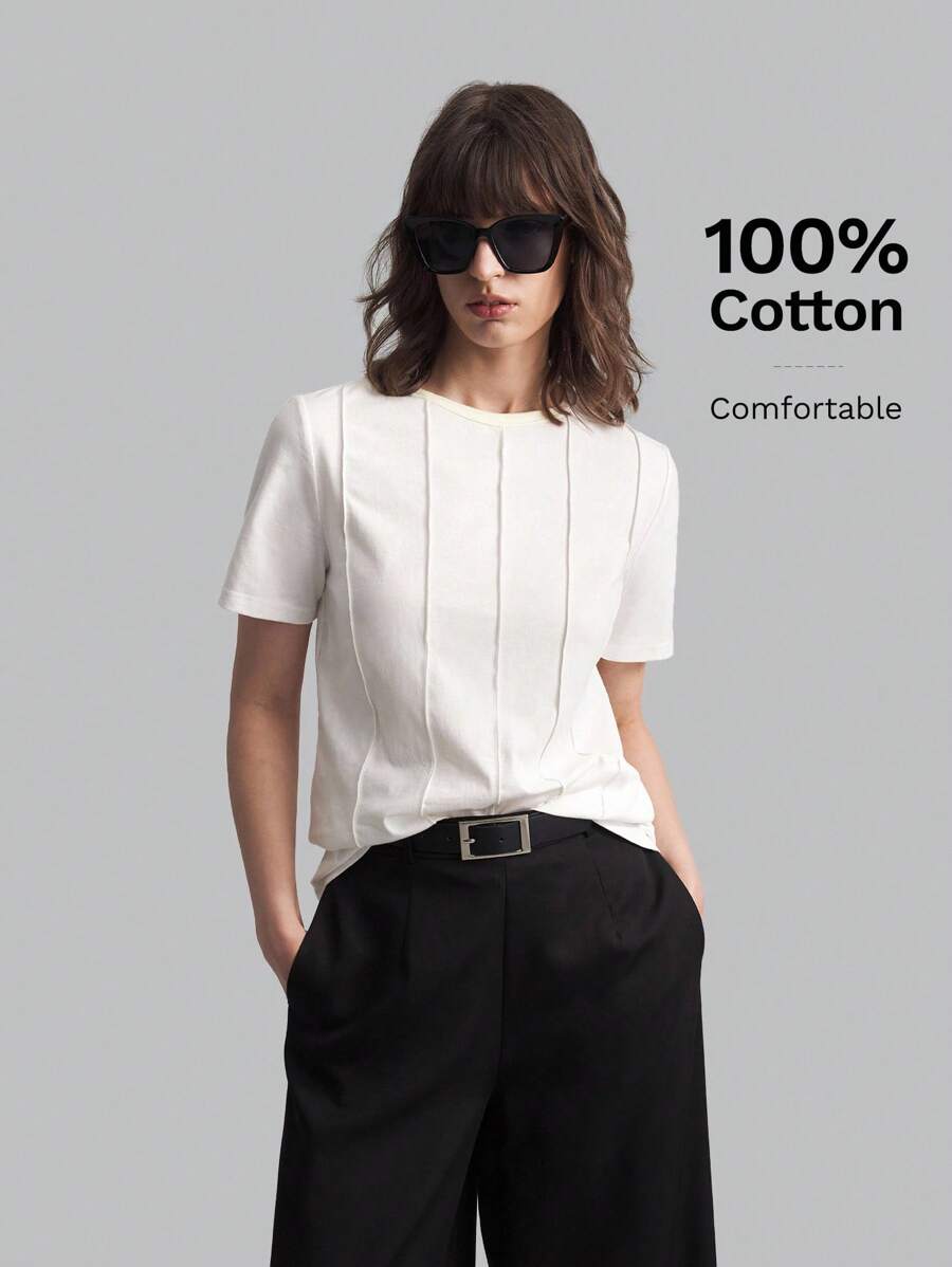 Ontre 2025 New Women's Summer Solid Color Toothpick Stripe Design Round Neck Short Sleeve Casual T-Shirt, Suitable For Spring/Summer Outings, Casual Urban, Minimalist Fashion, Urban Commute, Elegant Simplicity, Teacher's Day Outfit