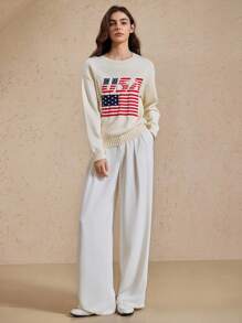 Briarwyn 7月4日美国国旗图案女士宽松圆领长袖休闲毛衣，秋季女装，复古风格女装，度假风 - 杏色 - 查看 3