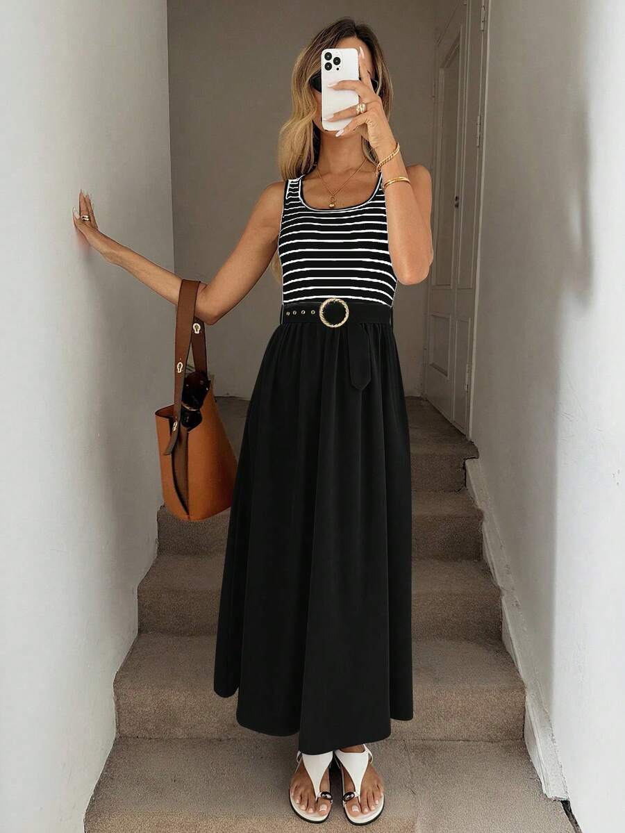 Easowa Váy không tay kẻ sọc Colorblock dành cho nữ - màu đen - Xem 1