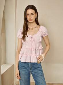 Cévolie Women's Solid Color Frill Trim Front Tie Short Puff Sleeve Fashionable Blouse - Baby Pink - View 3