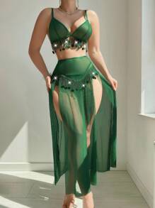 SHEIN 3 件套网眼性感串珠内衣套装：胸罩 + 丁字裤 + 高开衩长裙绿色内衣套装，外出 - 墨綠色 - 查看 5
