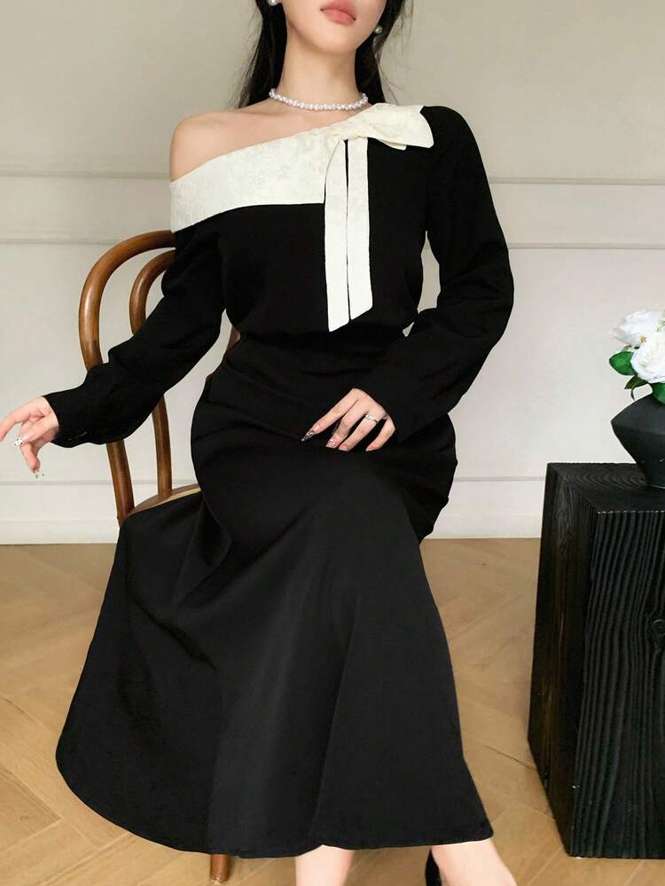 Women's Autumn Color Block Asymmetric Collar Mid-Length Dress