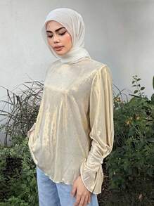 DAZY Women's Bell Sleeve Elegant Sequin Decoration Twist Knot Button Detail Long Sleeve Blouse Top, Business/Party Wear, Spring/Summer/Autumn