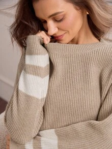 Hanevo 秋冬宽松圆领条纹阔腿针织两件套 - 卡其色 - 查看 7