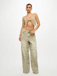 SUMWON WOMEN Studded Wide Leg Jeans Casual Palazzo Pants Low Rise Sand Wash Denim Statement Piece Festival Grunge Y2K Fashion Baggy Relaxed Fit Pants With Metal Details - Khaki - View 5