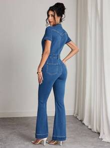 Elenzga 女式常规肩短袖合身喇叭休闲牛仔连体裤 - 中等水洗藍 - 查看 2