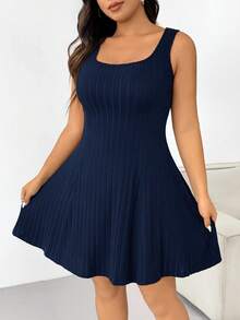 SHEIN EZwear 大码海军蓝厚实罗纹卫衣连衣裙套装，初秋 - 藏蓝色 - 查看 4