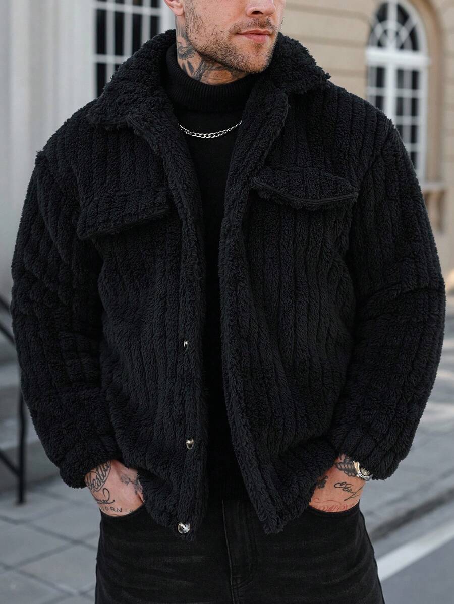 Manfinity CasualCool Manfinity Flap Detail Button Front Flannel Fleece Jacket, Men Front Button Long Sleeve Pocket Simple Jacket, Casual Daily Wear, Autumn And Winter, Boyfriend Gift, For Going Out, Teddy Lined Coat, Streetwear, Street Style American Retro Jacket, Grunge - Black - View 1